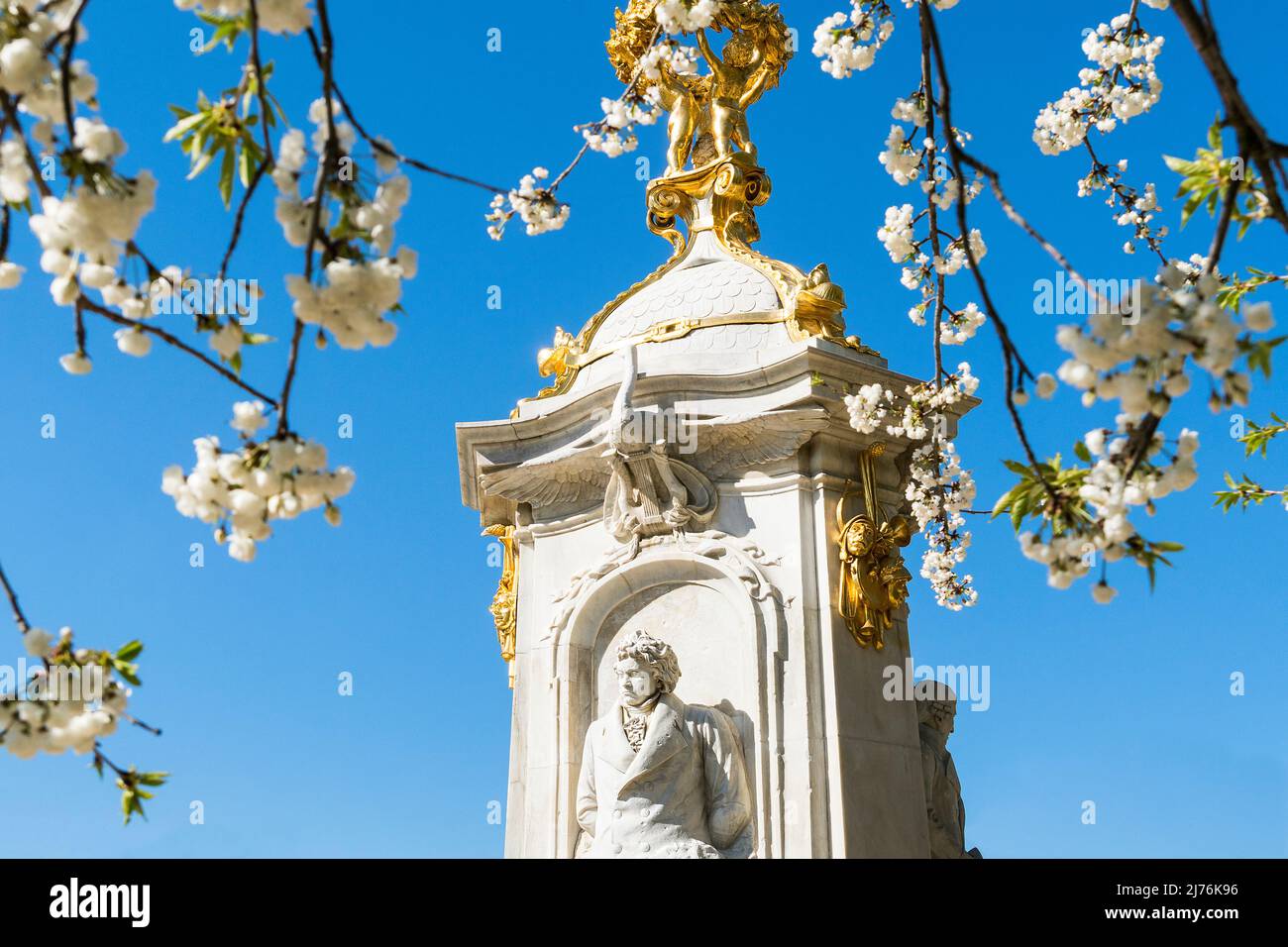 Berlin, großer Tiergarten, Beethoven-Haydn-Mozart-Denkmal, Blick durch die Baumblüte Stockfoto