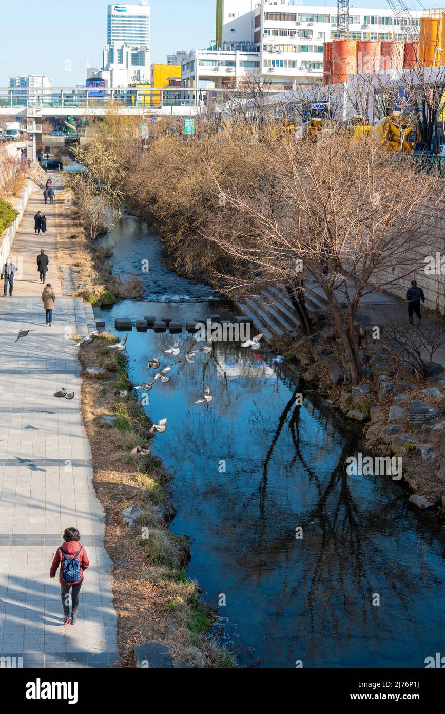 Menschen, die im Winter an einem Kanal in der Innenstadt von Seoul, Südkorea, spazieren gehen Stockfoto