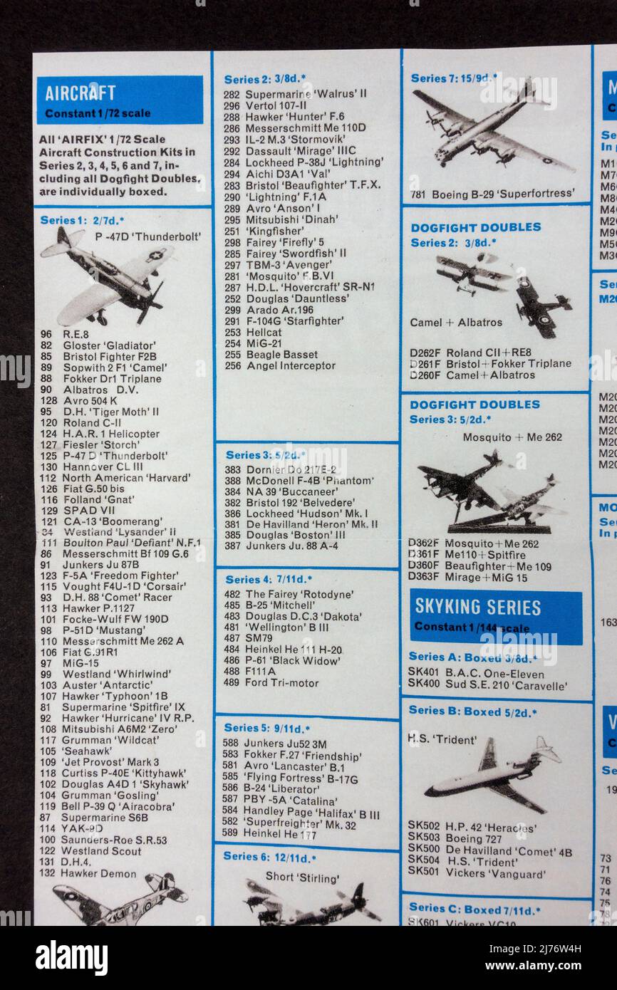 Broschüre für Airfix-Modellbausätze (Auflistung der Modelle erhältlich), Teil einer Nachbildung aus den 1960er Jahren. Stockfoto