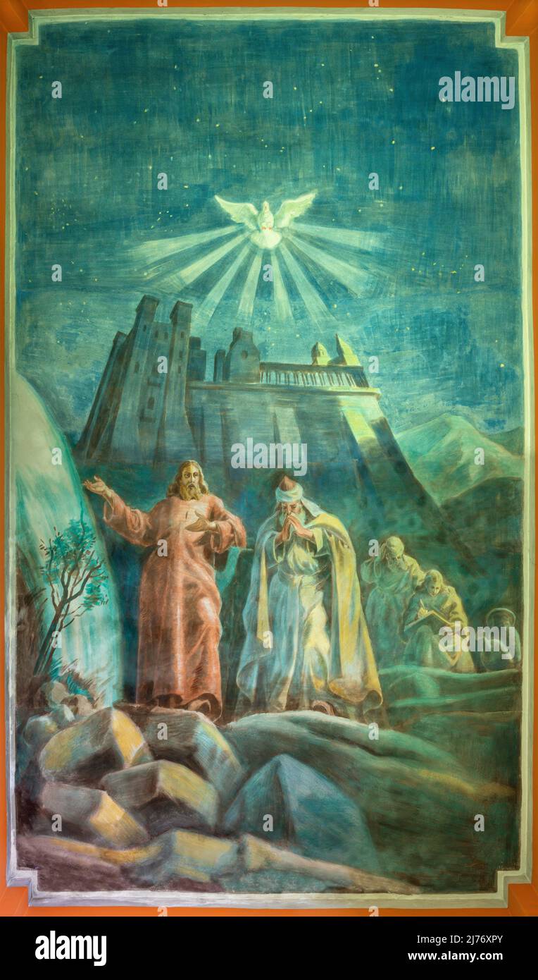 BARI, ITALIEN - 5. MÄRZ 2022: Das Fresko des Gesprächs mit Nikodemus in der Kirche Chiesa del Redentore von Giuseppe Melle (1940 - 1960) Stockfoto