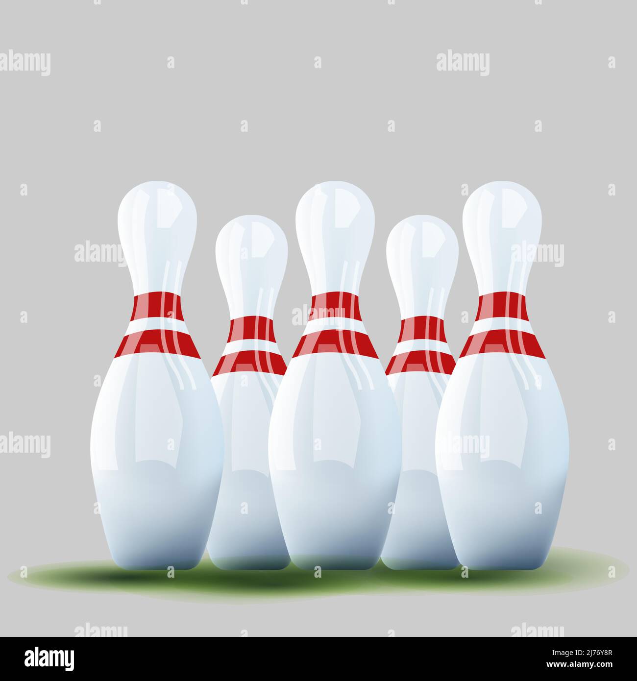 Gruppe von 3D realistischen Bowling Pins Kegeln mit roten Streifen Stock Vektor