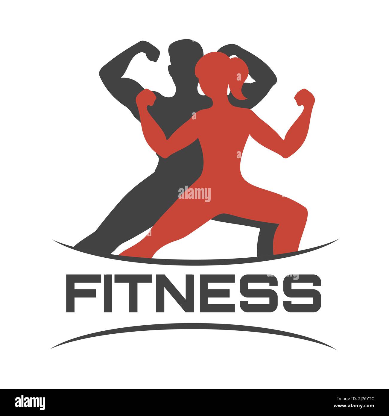 Fitness Logo oder Emblem mit posierten Mann und Frau Bodybuilder. Vektorgrafik. Stock Vektor