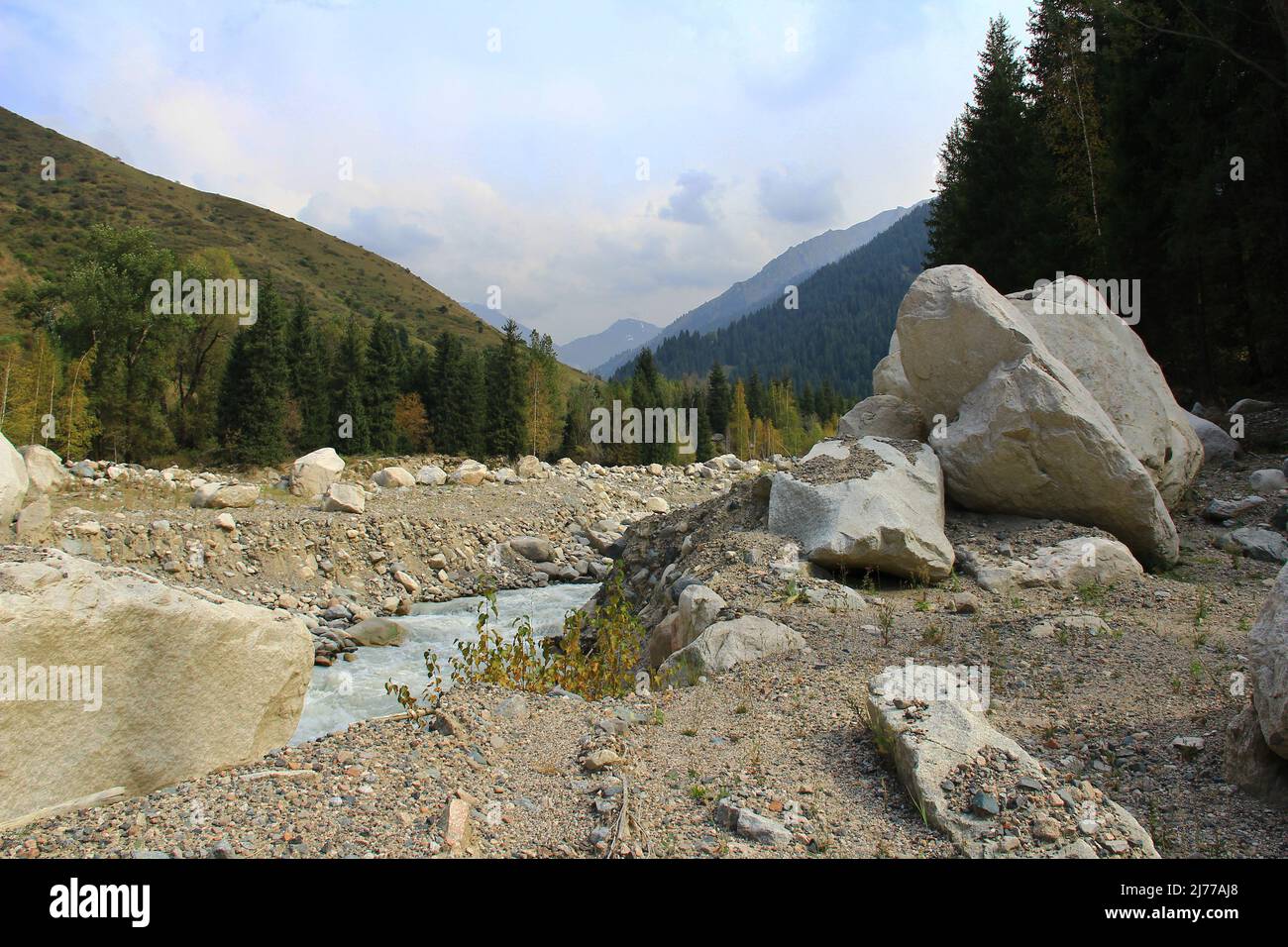 Ein Fluss mit riesigen weißen Steinen am Ufer der Talgar-Hochgebirgsschlucht mit einem Wald und Blick auf Bergkämme und Gipfel im Herbst Stockfoto