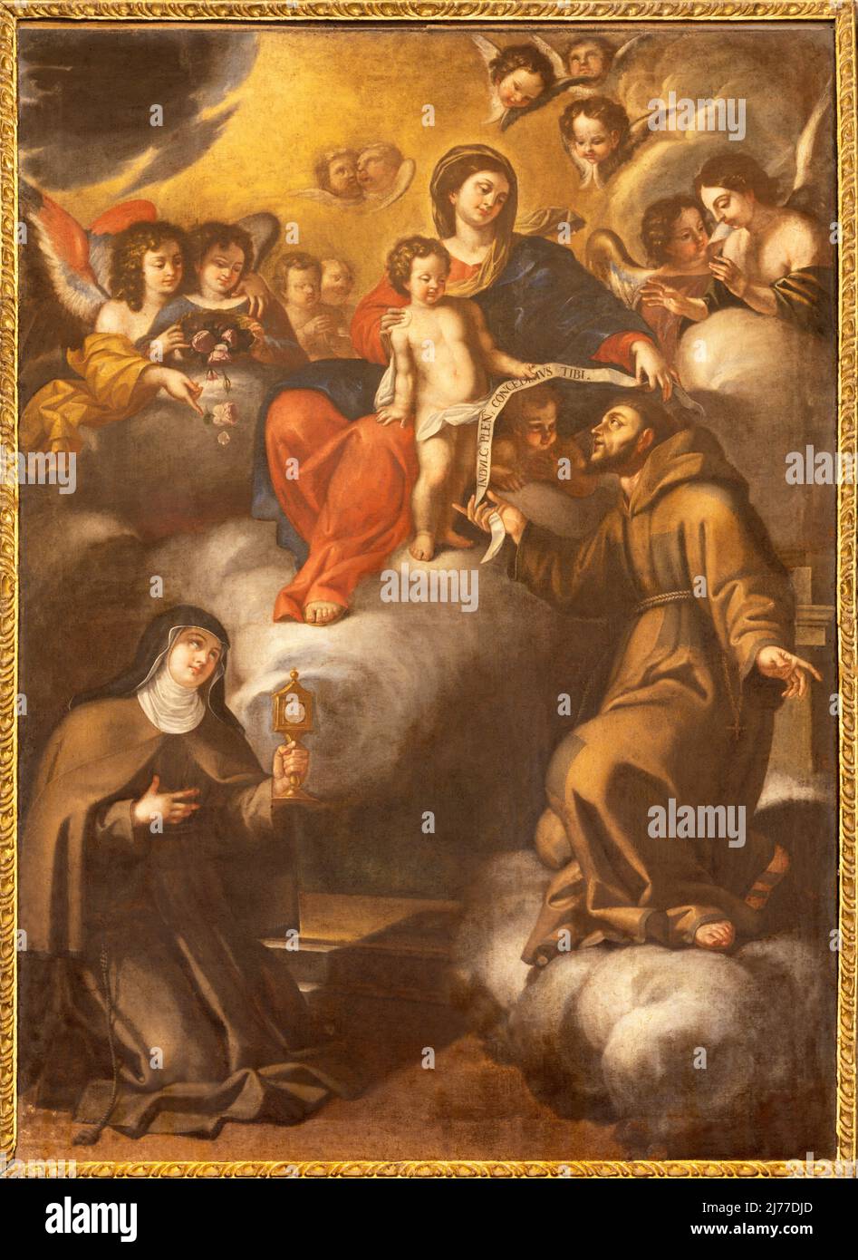 MATER, ITALIEN - 7. MÄRZ 2022: Das barocke Gemälde der Madonna mit dem Heiligen Franziskus von Assisi und der Heiligen Klara in der Kirche Chiesa di Santa Chiara Stockfoto