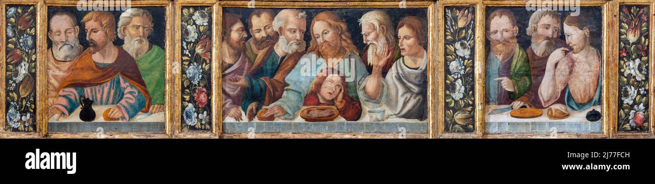 MDERA, ITALIEN - 8. MÄRZ 2022: Das Renaissance-Gemälde des Letzten Abendmahls in der Kirche Chiesa di San Pietro Caveoso von einem unbekannten Künstler aus Mdera (1540) Stockfoto