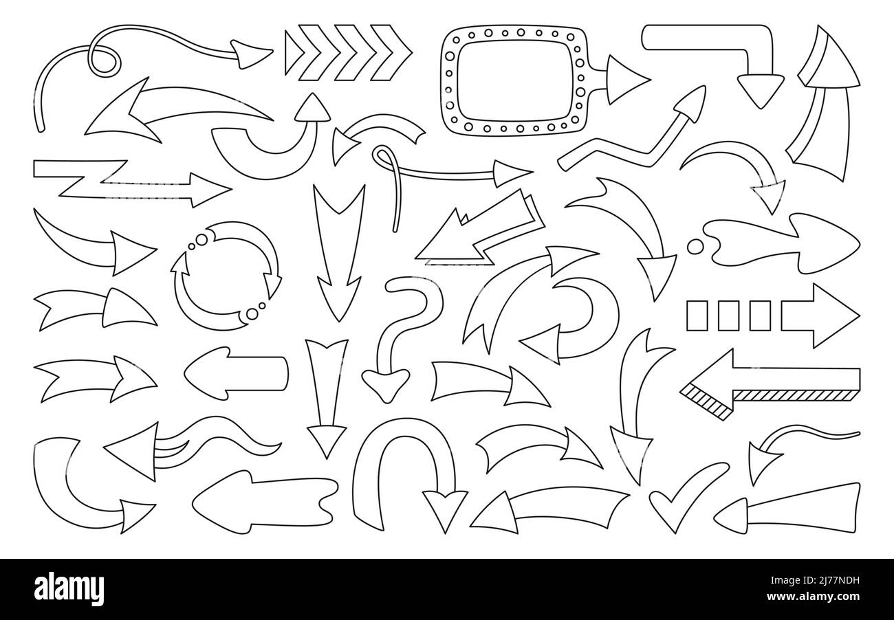 Pfeil-Doodle-Umriss festgelegt. Infografik verschiedene Richtungen Zeiger Cartoon Kontur Sammlung. Skizzieren Sie ein leeres Cursorzeichen. Entwerfen Sie verschiedene Form Pfeile Symbol nach oben, links rechts unten Vektor Stock Vektor