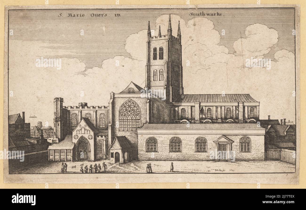 St. Marie Over's Church in Southwarke (heute Southwark Cathedral), 1647. Normannische Kirche im gotischen Stil im 13.. Jahrhundert umgebaut. Kupferstich von Wenceslas Hollar, London, 1647. Stockfoto