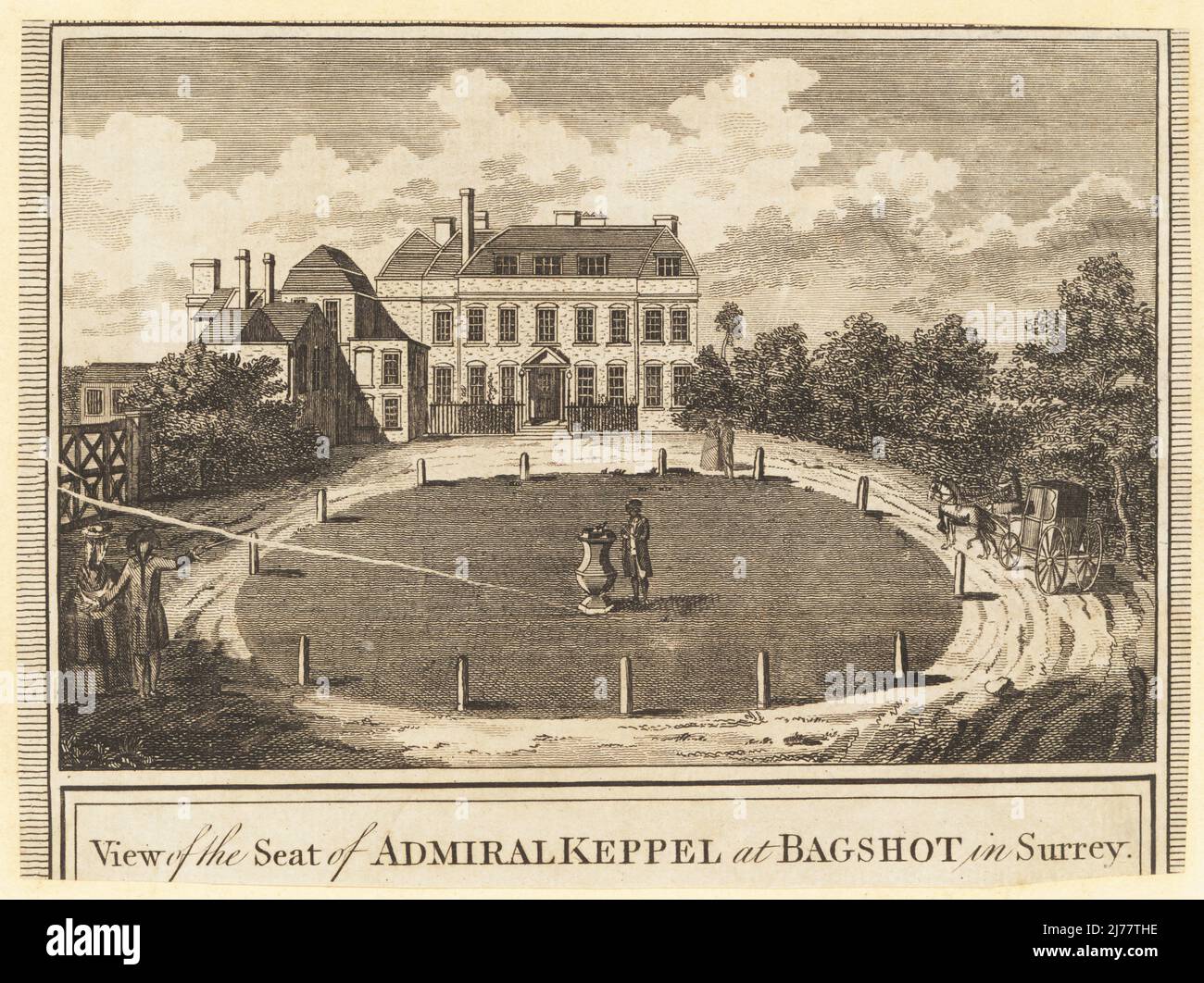 Blick auf die Bagshot Lodge, Surrey. Erbaut im 17.. Jahrhundert von Inigo Jones, umgebaut im 1760s vom Architekten James Paine für General George Keppel, Earl of Albemarle. Ein Mann steht neben einer Sonnenuhr im Garten. Blick auf den Sitz von Admiral Keppel in Bagshot in Surrey. Kupferstich von Page aus William Thorntons New History and Survey of London, herausgegeben von Alexander Hogg at the King’s Arms, 16 Pamernoster Row, London, 1784. Stockfoto