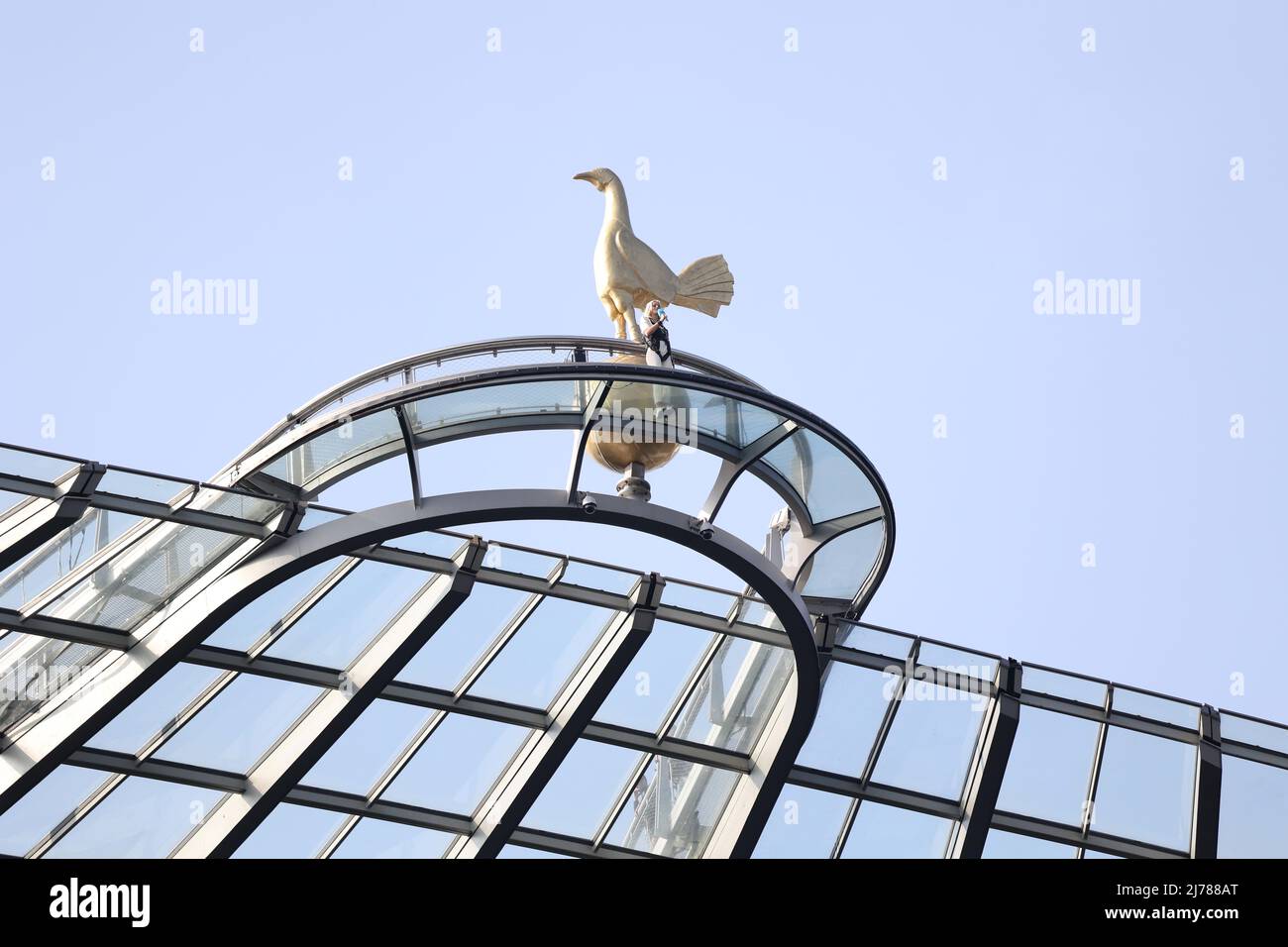 Ein TV-Moderator sendet von der Spitze des Sky Walk des Tottenham Hotspur Stadions in London aus. Stockfoto