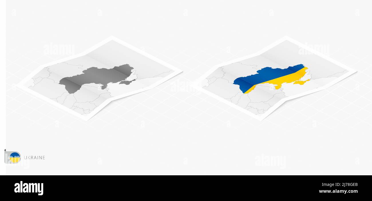 Set aus zwei realistischen Karten der Ukraine mit Schatten. Flagge und Landkarte der Ukraine im isometrischen Stil. Vektorvorlage. Stock Vektor