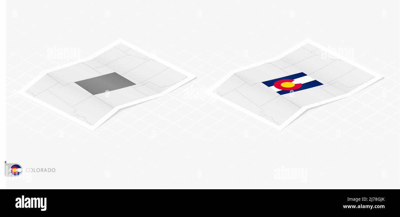 Set aus zwei realistischen Karten von Colorado mit Schatten. Die Flagge und Karte von Colorado im isometrischen Stil. Vektorvorlage. Stock Vektor