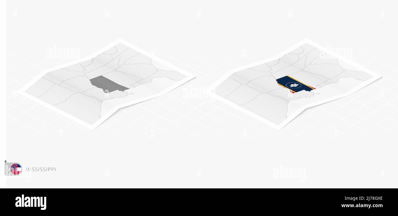 Set von zwei realistischen Karten von Mississippi mit Schatten. Die Flagge und Karte von Mississippi im isometrischen Stil. Vektorvorlage. Stock Vektor