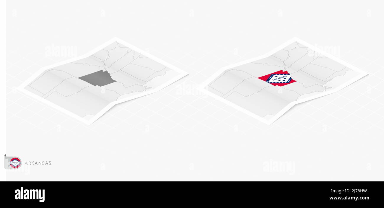 Set aus zwei realistischen Karten von Arkansas mit Schatten. Die Flagge und Karte von Arkansas im isometrischen Stil. Vektorvorlage. Stock Vektor