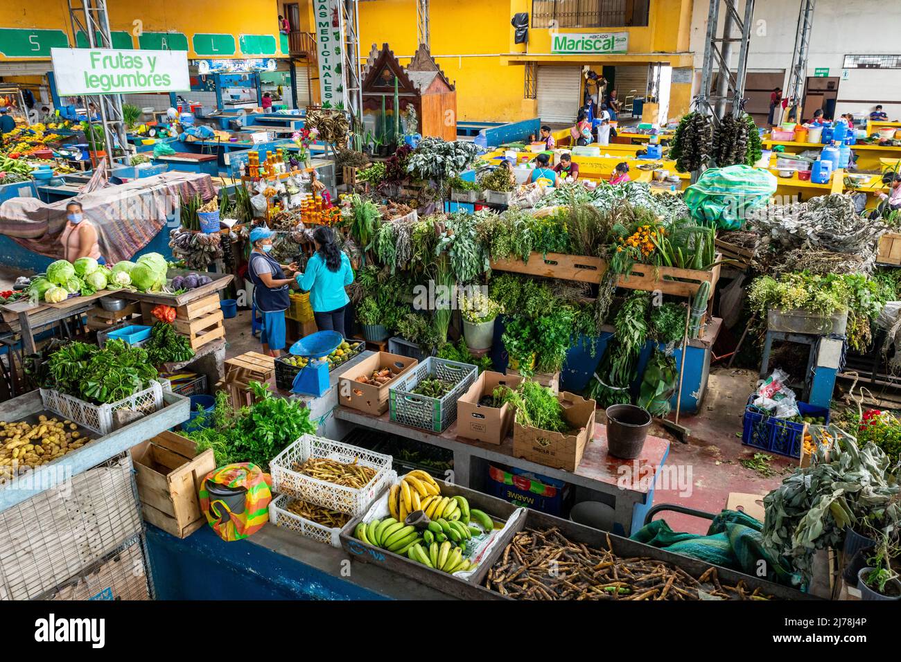 PUYO, ECUADOR - 20. APRIL 2022: Traditioneller ecuadorianischer Lebensmittelmarkt für landwirtschaftliche Produkte in Puyo, Ecuador. Oriente. Südamerika. Stockfoto