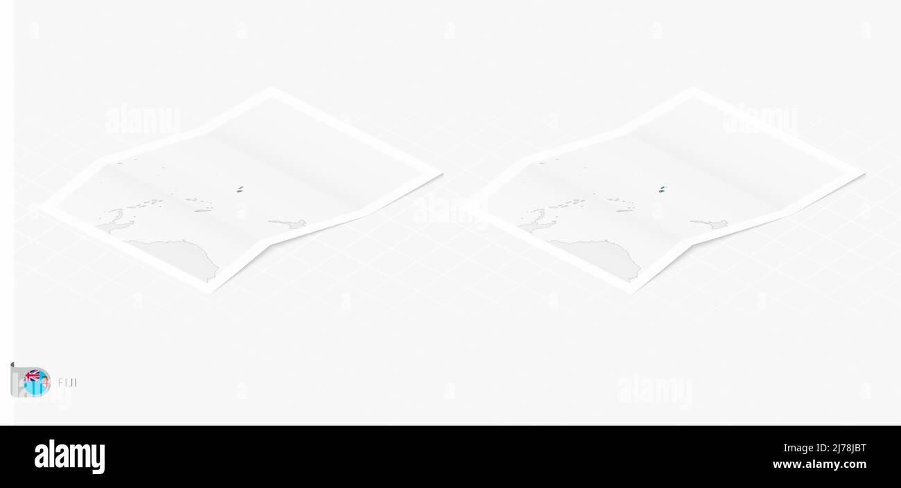 Set aus zwei realistischen Karten von Fidschi mit Schatten. Die Flagge und Landkarte von Fidschi im isometrischen Stil. Vektorvorlage. Stock Vektor