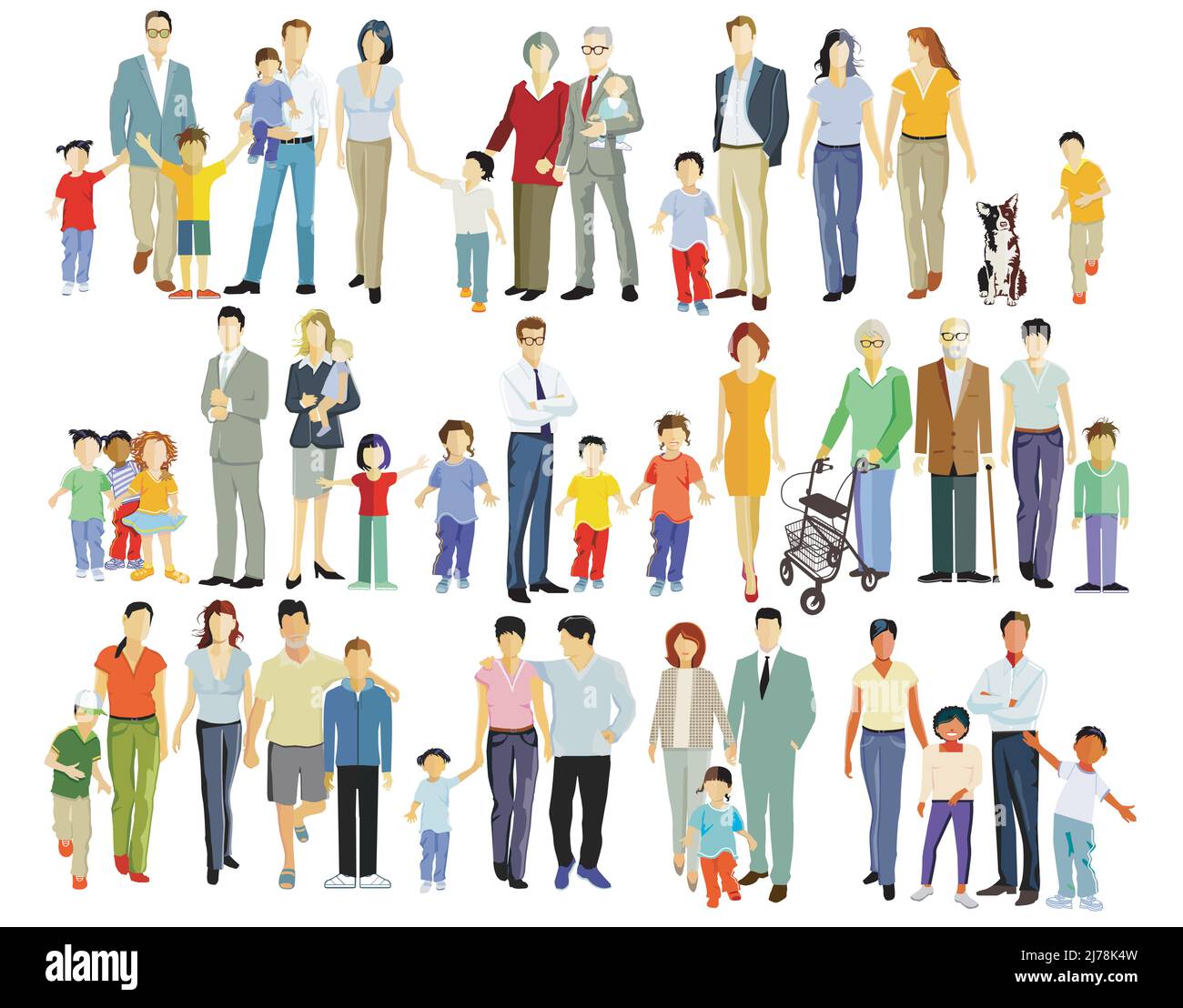 Eltern und Kinder, Familiengruppen auf weiß isoliert, Illustration Stock Vektor