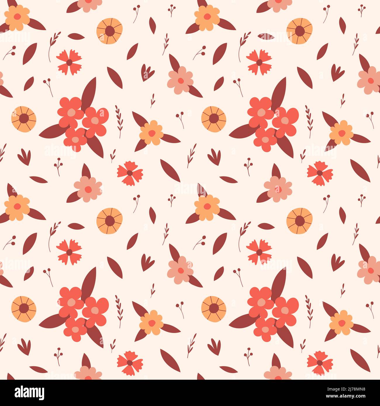 Nahtloses Muster mit einfachen, floralen, botanischen, Elementen, Knospen, Blühende Blumen, Zweige, Blätter. Handgezeichnete Farbvektorabbildungen auf hellbeige Stock Vektor