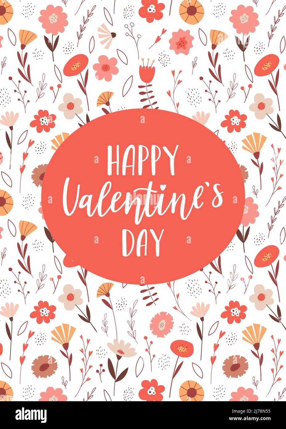 Eine niedliche Valentinskarte mit einem handgeschriebenen Satz - Alles Liebe zum Valentinstag. Auf einem hell gemusterten Hintergrund mit Blumen, Zweigen und Blättern. Farbe Stock Vektor