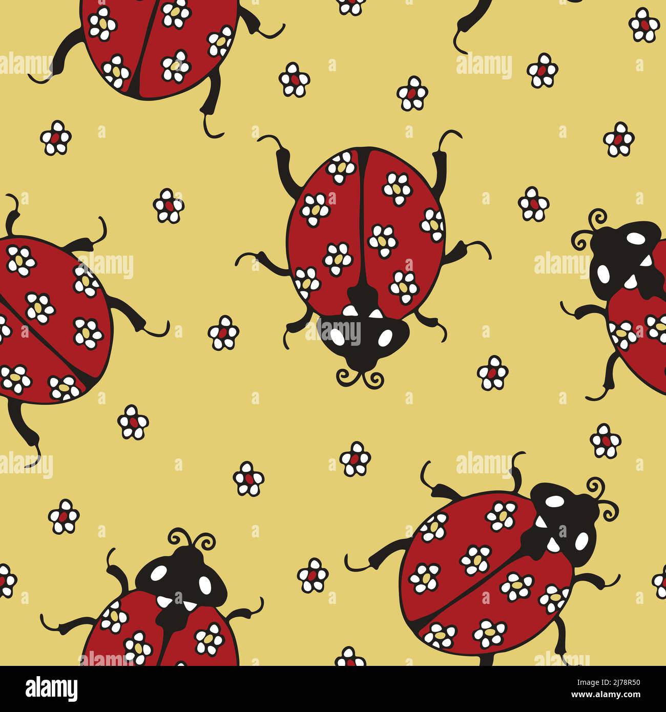 Nahtloses Vektor-Muster mit Marienkäfer und Blumen auf gelbem Hintergrund. Schlichtes Sommer-Tapetendesign mit Marienkäfer. Stock Vektor
