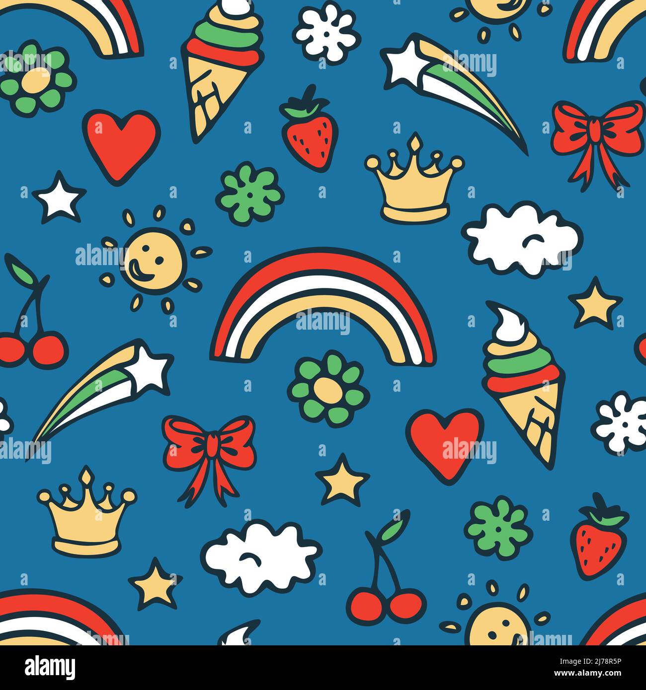 Nahtloses Vektormuster mit Regenbogen und Eis auf blauem Hintergrund. Happy Summer Tapetendesign für Kinder. Dekorative fröhliche Mode Textil Stock Vektor