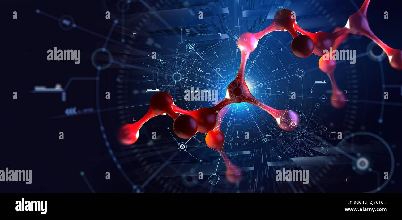 Genomstruktur. Medizinische Forschung und Internet-Technologien. Nanotechnologie in Aktion. Abbildung des Moleküls 3D. Labor der Zukunft Stockfoto