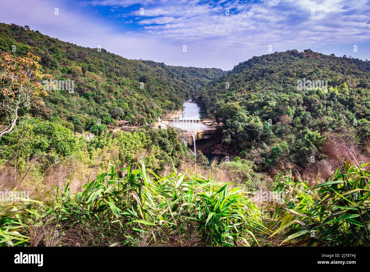 Grüne Wälder mit Fluss fließt und strahlend blauen Himmel am Morgen aus flachem Winkel Stockfoto