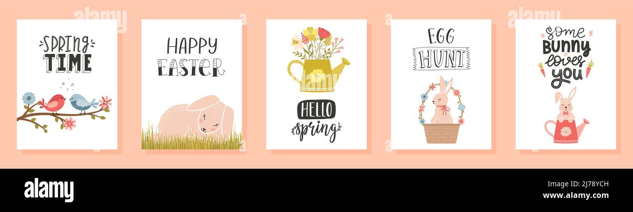 Ein Satz von Ostern, Frühlingskarten mit handgeschriebenen Schriftzügen, niedlichen Kaninchen, Blumen, Vögeln. Frohe Ostern, Frühling. Vektorgrafik Stock Vektor