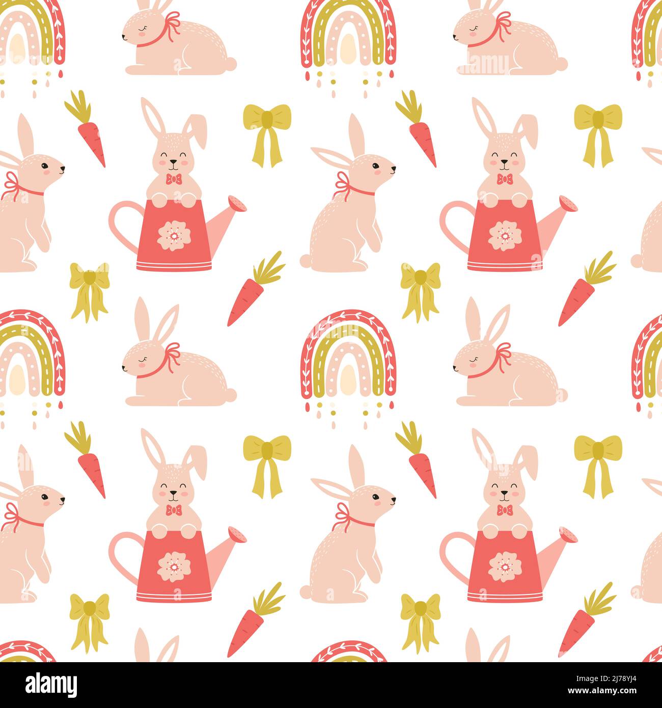 Nahtloses Muster mit niedlichen Hasen, Boho-Regenbogen, Karotten und Schleifen. Comic-Kaninchen-Figuren. Ideal für Babytextilien, Babykleidung, Geschenkpapier. Vec Stock Vektor