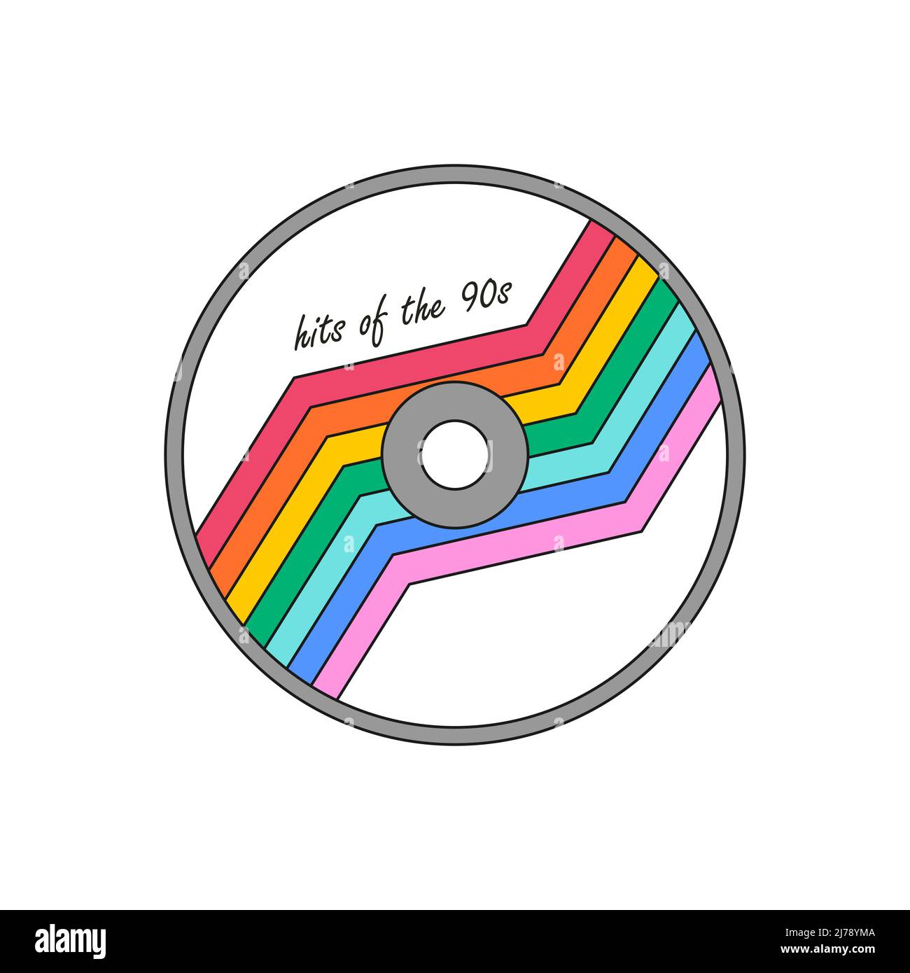 Kompakte Audio-Disk mit Regenbogen-Label. Musikausrüstung. CD-Symbol, Zeichen, Symbol für 90s, 00s. Vektorgrafik mit Kontur isoliert auf weißem Hintergrund Stock Vektor