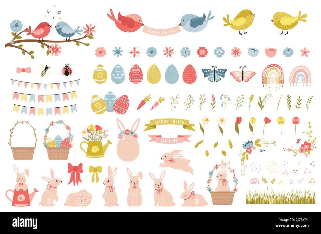 Ein Set aus niedlichen Zierelementen für Ostern und Frühling. Blumen, Vögel, Eier, Osterhasen, Regenbögen. Sammlung von Cartoon dekorative Elemente. Ve Stock Vektor