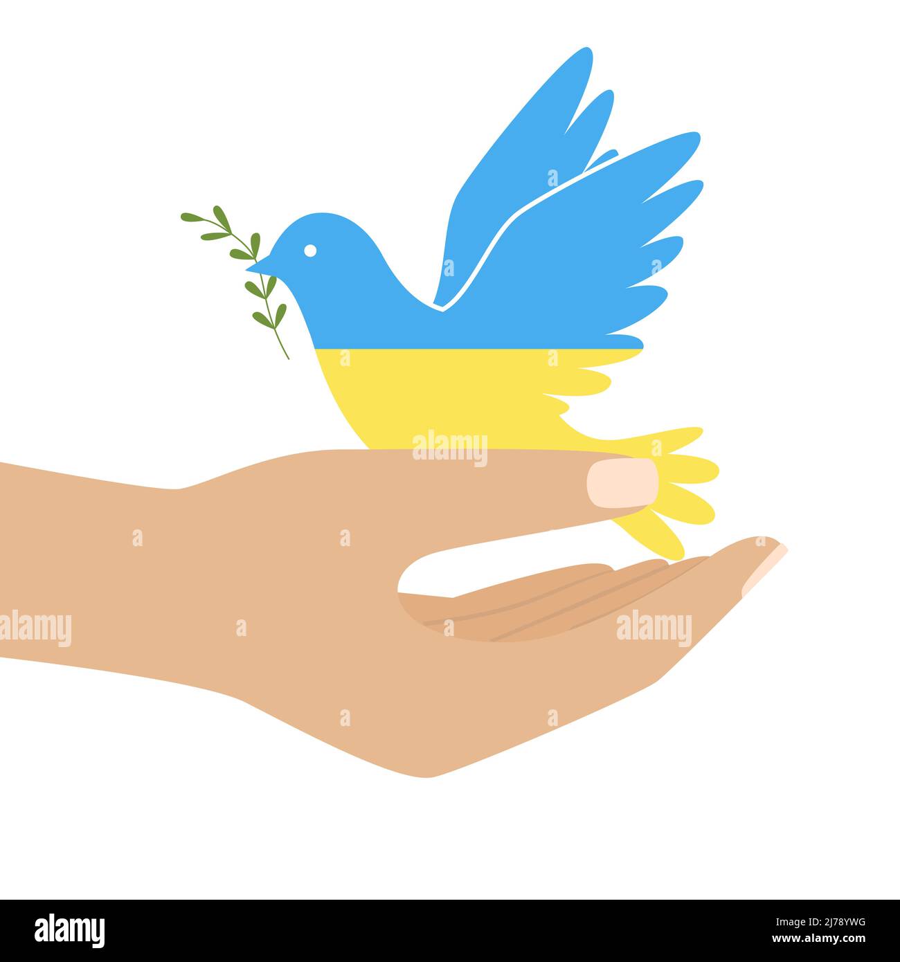 Eine menschliche Hand, die eine Taube in den Farben der ukrainischen Flagge hält. Symbol des Friedens. Vogel, der den Zweig im Schnabel hält. Krieg beenden. Farbabbildung in einer flachen s Stock Vektor