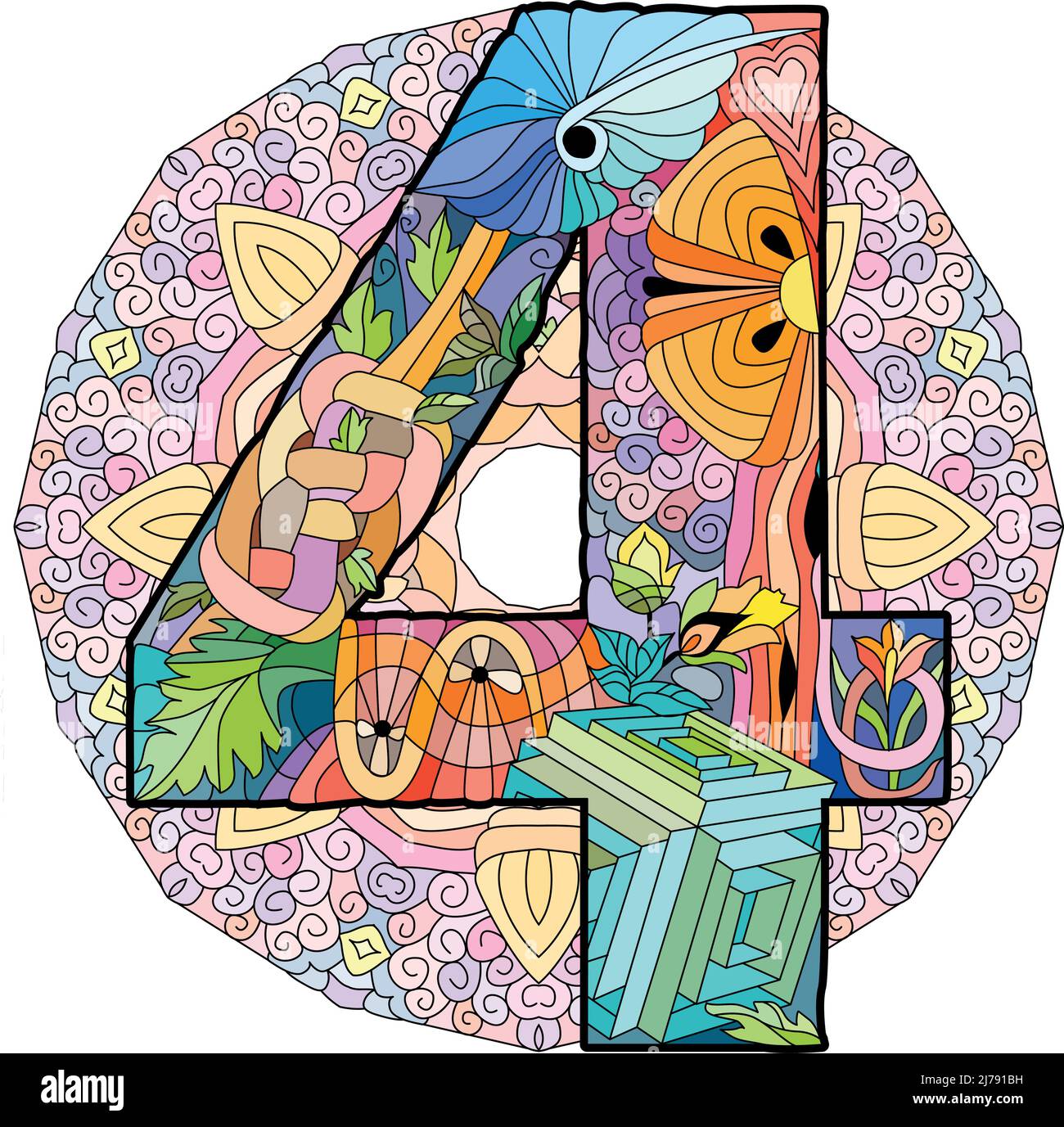 Vier Zahlen auf Mandala isoliert zentangle Illustration für die Dekoration Stock Vektor