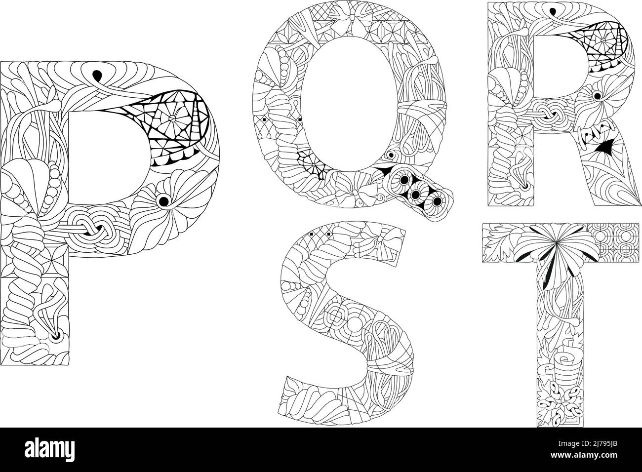 Handgemaltes Kunstdesign. Bunte handgezeichnete Illustration Alphabet für Malvorlagen. Teil 4 Stock Vektor