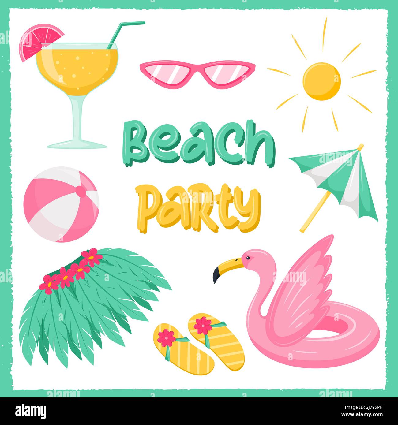 Strandparty. Quadratische Postkarte mit Strandsachen, aufblasbarem Flamingo-Kreis, Cocktail, Regenschirm, Ball und Tasche. Eine Vorlage für Medien mit Sommer-Element Stock Vektor