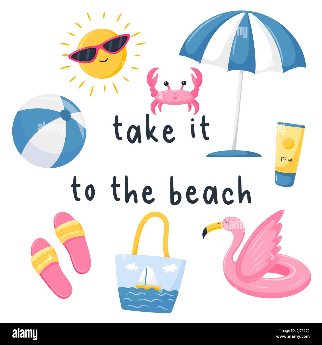 Eine quadratische Postkarte mit Strandartikeln, einer Rettungsboje, einem Sonnenschirm, Sonnencreme und den Worten - nimm sie mit zum Strand. Sommer, Strand Design Elemente. Vektor-Abb. Stock Vektor