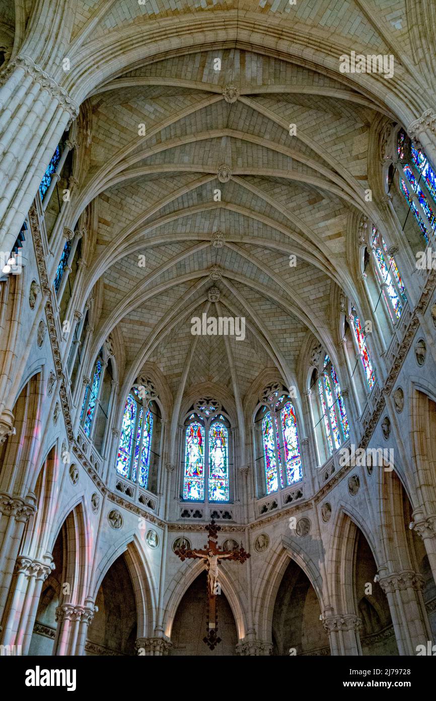 Im Inneren der Arundel Cathedral - hier mit beeindruckender Architektur abgebildet ist die gewölbte Decke und die Buntglasfenster - Arundel, West Sussex, England. Stockfoto