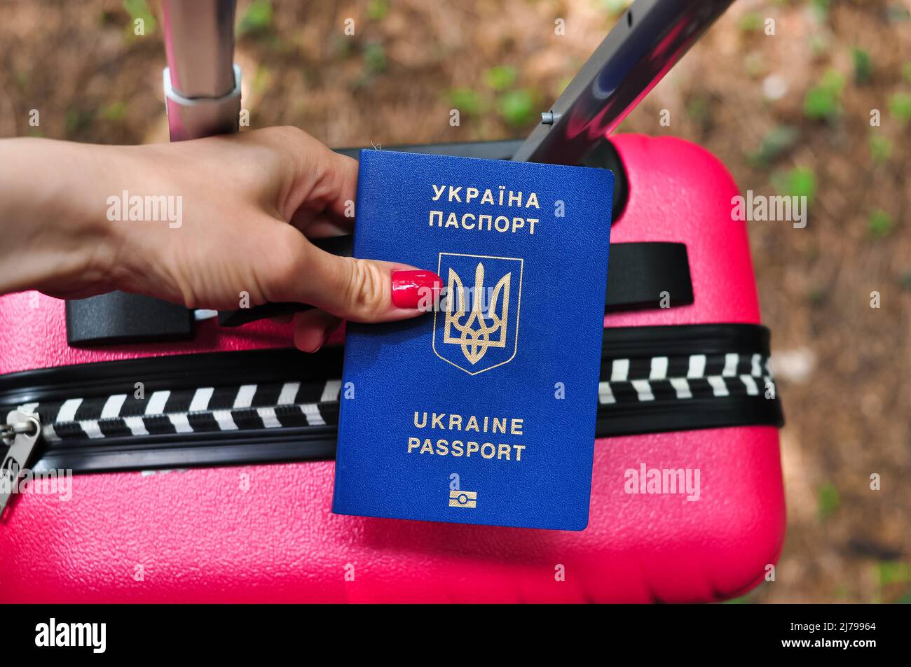 Biometrischer ukrainischer Pass des Flüchtlings auf rosa Reisetasche Stockfoto