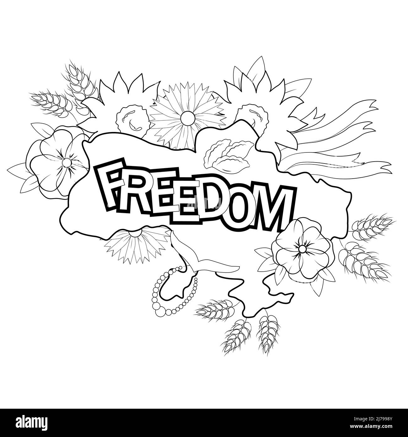 „Freedom“-Schriftzug. Farbgestaltung mit Karte der Ukraine und ukrainische nationale Symbole : Weizen, Brot, Sonnenblume, Bänder, Vareniki, Möwe, Halskette, Stock Vektor