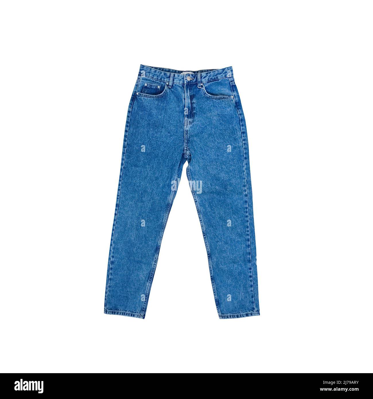 Weibliche Jeans Mama fit isoliert auf weißem Hintergrund. Jeans mit hohem Bund. Lässiger Style. Stockfoto