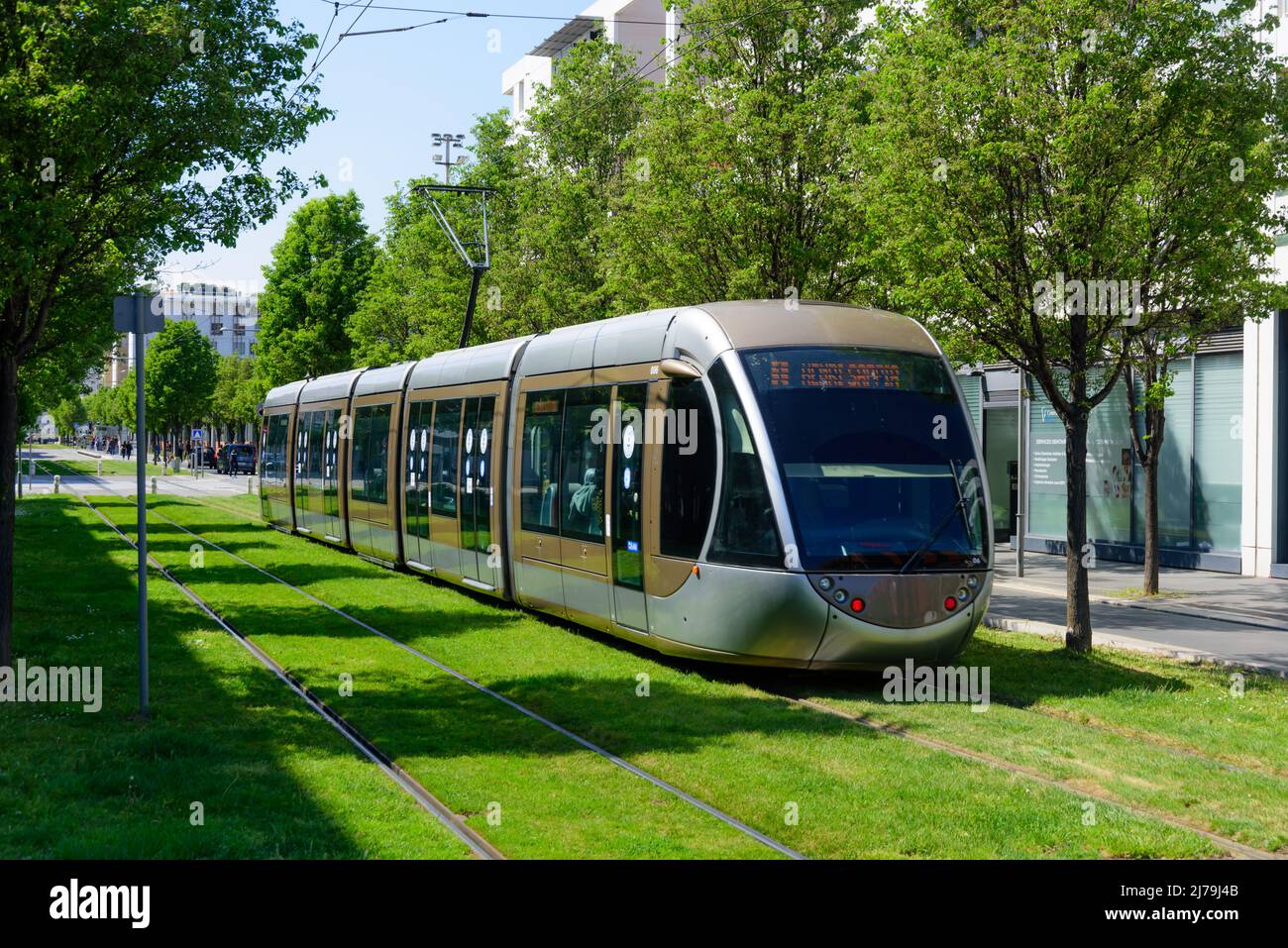Nizza, moderne Straßenbahn, Linie 1, Avenue Mitterand // Nizza, Moderne Straßenbahn, Linie 1, Avenue Mitterand Stockfoto