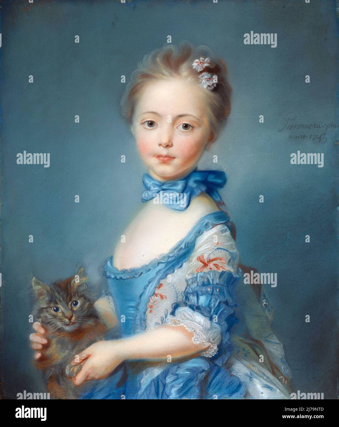 Ein Mädchen mit einem Kätzchen von dem französischen Künstler Jean-Baptiste Perrarneau (c. 1716-1783), Pastell auf blauem Papier auf Leinwand, 1743 Stockfoto