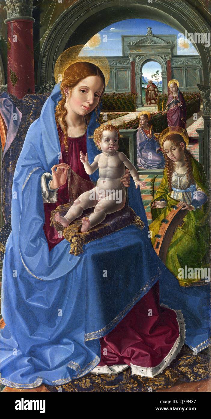 Jungfrau und Kind mit Heiligen von dem italienischen Künstler, Paolo da San Leocadio (1447 – c. 1520), Öl auf Eiche, c. 1495 Stockfoto