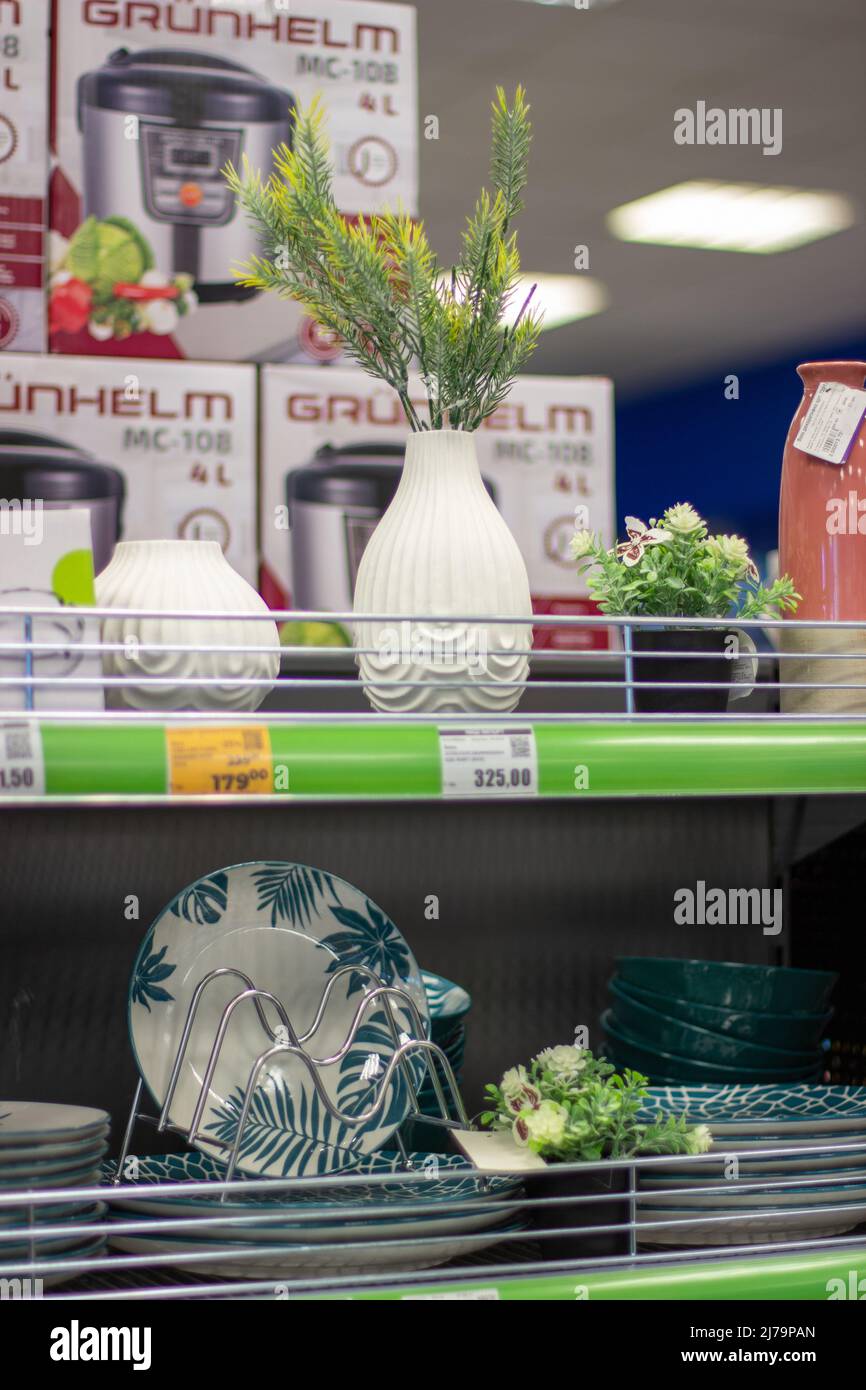 Vasen mit Pflanzen auf den Regalen des Supermarkts Stockfoto