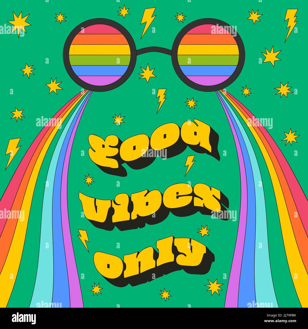 Eine quadratische Vintage-Karte im Retro-Stil mit dem typografischen Ausdruck Good Vibes Only. Regenbogengläser und Wellen, Sterne mit einem Strich. Vektor-Poster auf einem hellen gre Stock Vektor