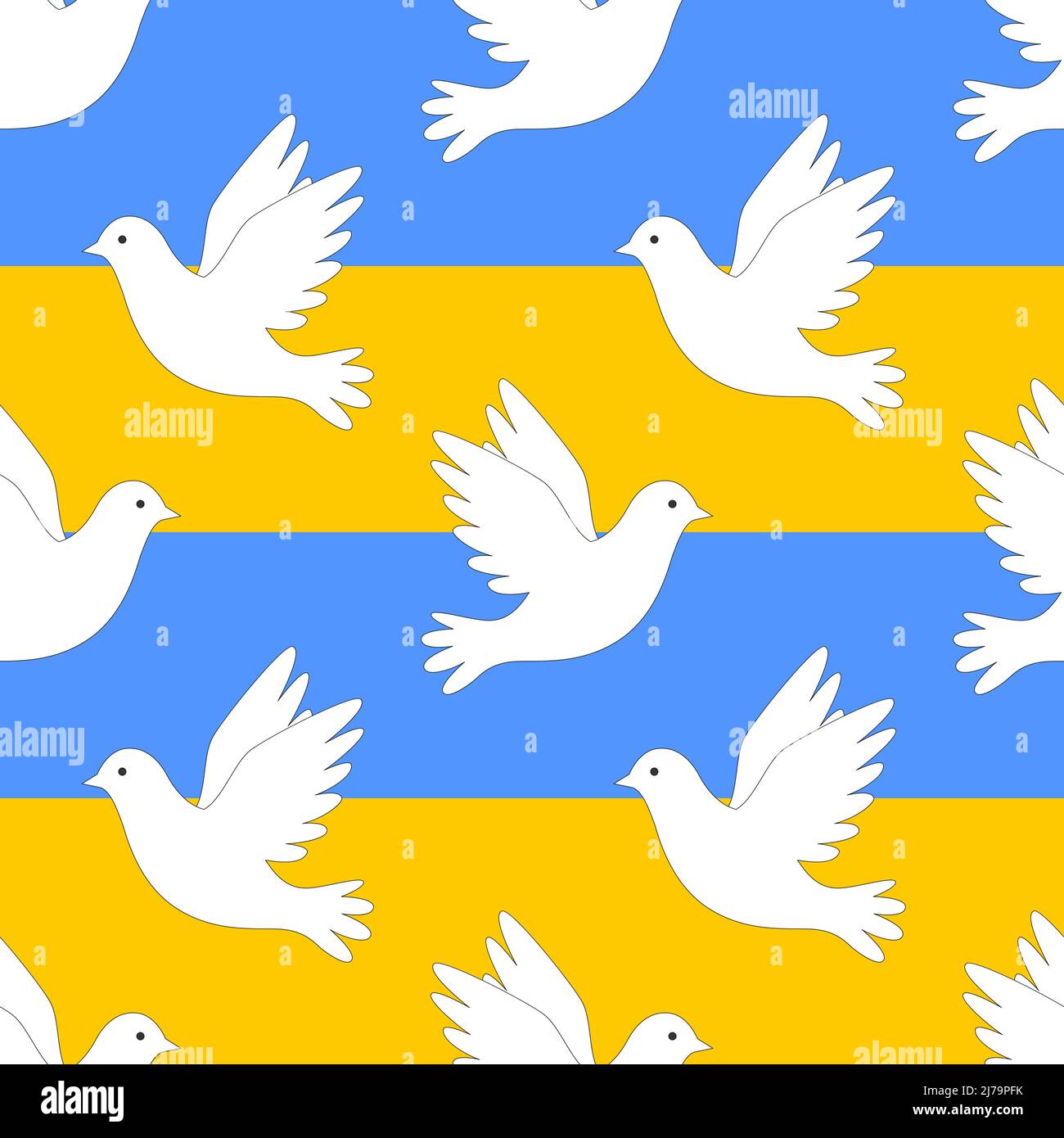 Nahtloses Muster mit Blau, Vögel, ein Symbol des Friedens. Elemente mit einem Umriss auf einem blau-gelben Hintergrund. Ideal für Textilien, Verpackungspapier. Farbe Stock Vektor