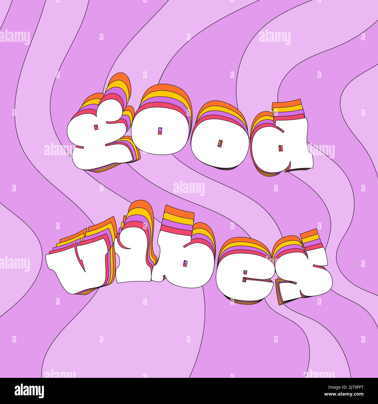 Eine quadratische Karte mit der typografischen Phrase Good Vibes. Textdarstellung mit Kontur. Vektor-Poster auf einem hellen gestreiften Hintergrund Stock Vektor