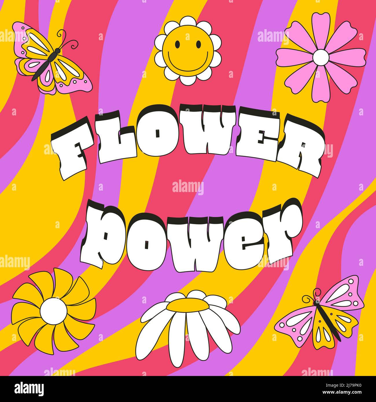 Quadratische Karte mit Blumen und Schmetterlingen im Retro-Doodle-Stil. Die typografische Phrase Flower Power. Farbige Vektorgrafiken mit einem Strich auf einem bri Stock Vektor