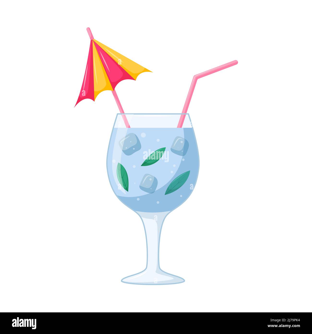 Im Sommer Eis am Strand. Ein erfrischendes Mixgetränk mit Eiswürfeln und Minzblättern in einem transparenten Weinglas mit Stroh. Gesundes Getränk in carto Stock Vektor