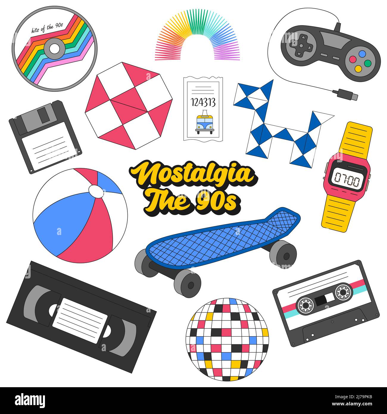 Eine Reihe von Retro-Symbole der 90s. Skateboard, Disco Ball, CD, Puzzle,  elektronische Armbanduhr, Diskette. Nostalgie für die neunziger Jahre.  Vektorgrafik Stock-Vektorgrafik - Alamy