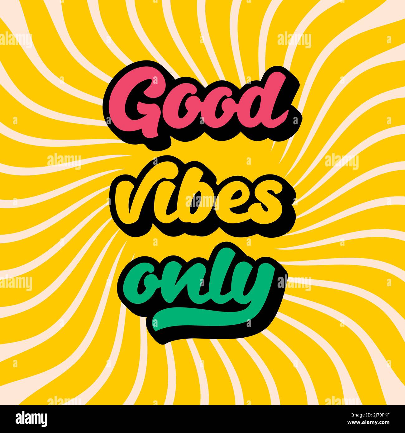 Retro-Poster, Cover mit dem typografischen Satz nur gute Vibes. Ein inspirierendes, positives Zitat. Vintage-Schriftzug mit extrudiertem Schatten. Vektortext Stock Vektor